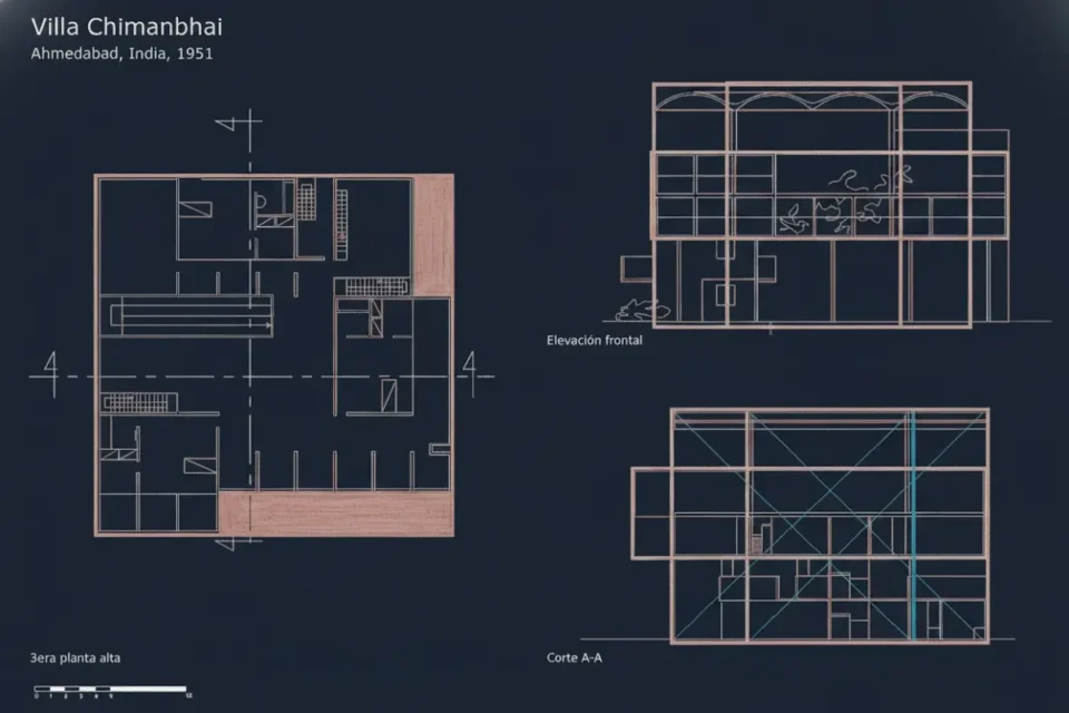 Le Corbusier Villa Chimanbhai planta y seccion esquema