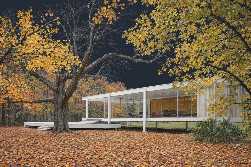 Mies van der Rohe, Casa Farnsworth, vista escorzo