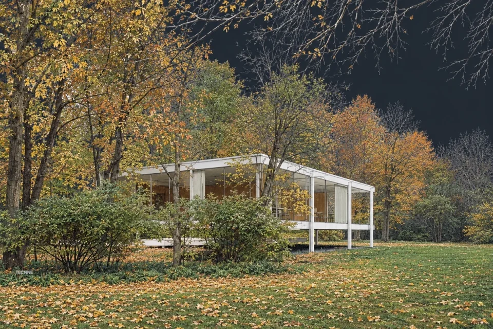 Mies van der Rohe, Casa Farnsworth, vista escorzo trasera