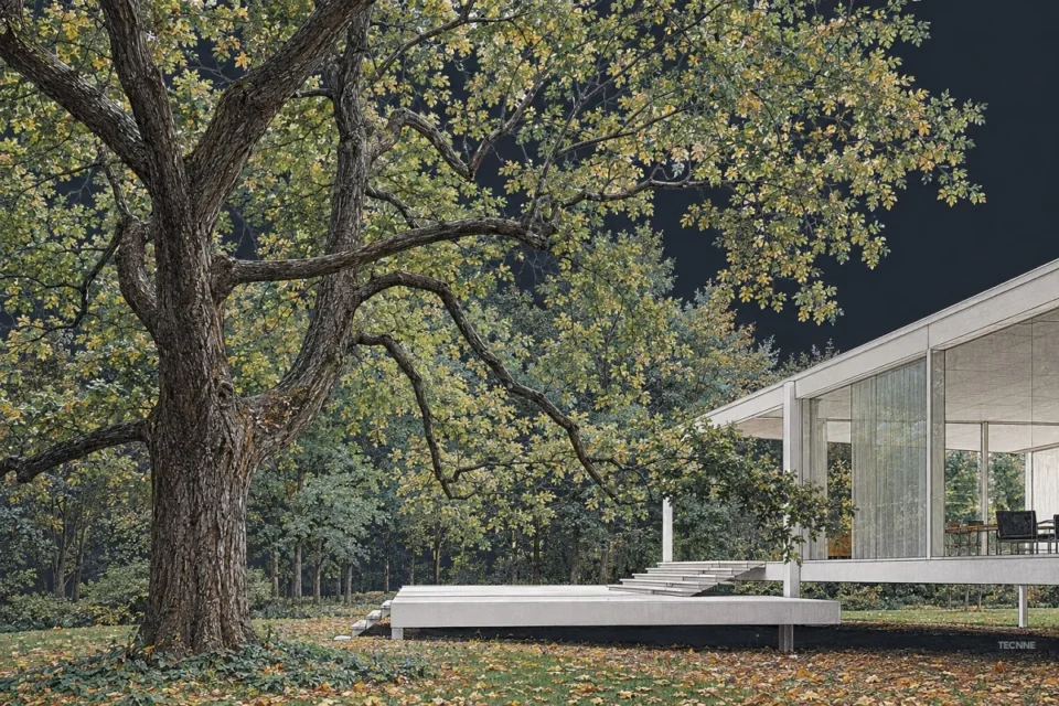 Mies van der Rohe, Casa Farnsworth, vista plataforma acceso