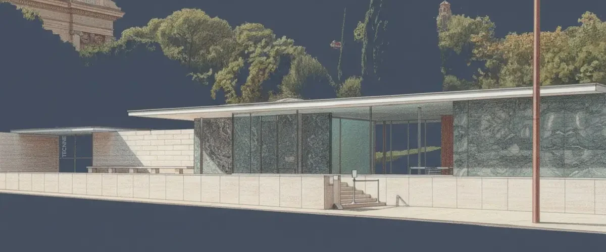 Pabellon de Barcelona de Mies van der Rohe visto desde la calle