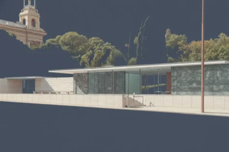 Pabellon de Barcelona de Mies van der Rohe visto desde la calle