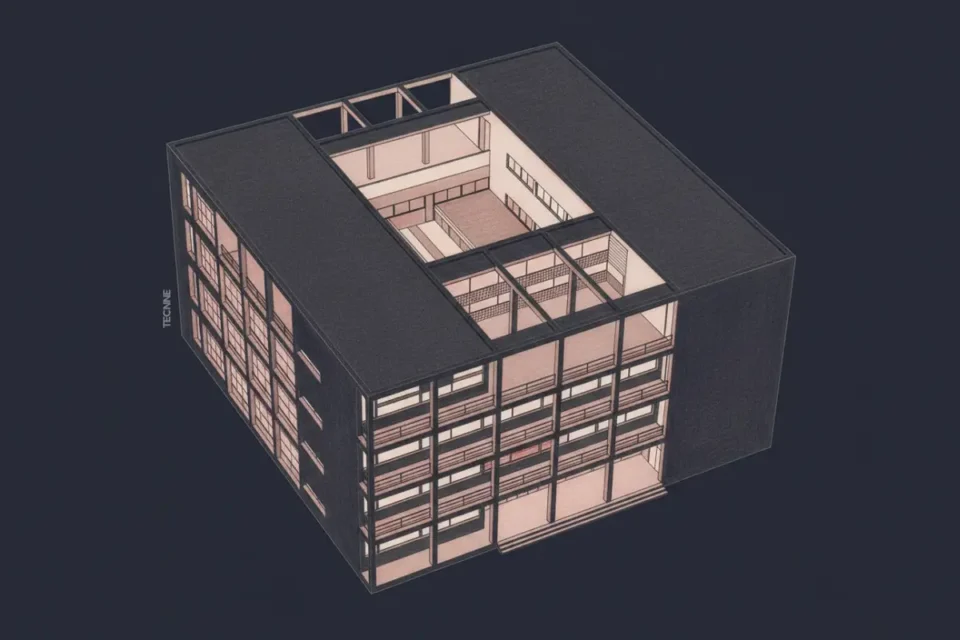 Casa del fascio axonometrica nocturna