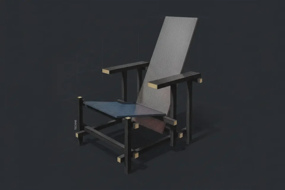 Gerrit Rietveld silla roja y azul vista en perspectiva