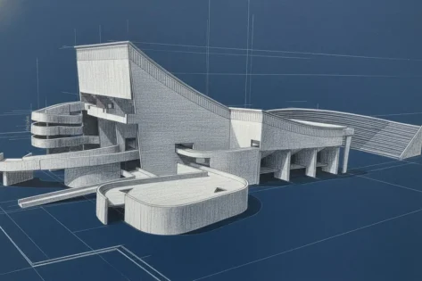 Le Corbusier Gimnasio en Bagdad imagen de gradas y accesos