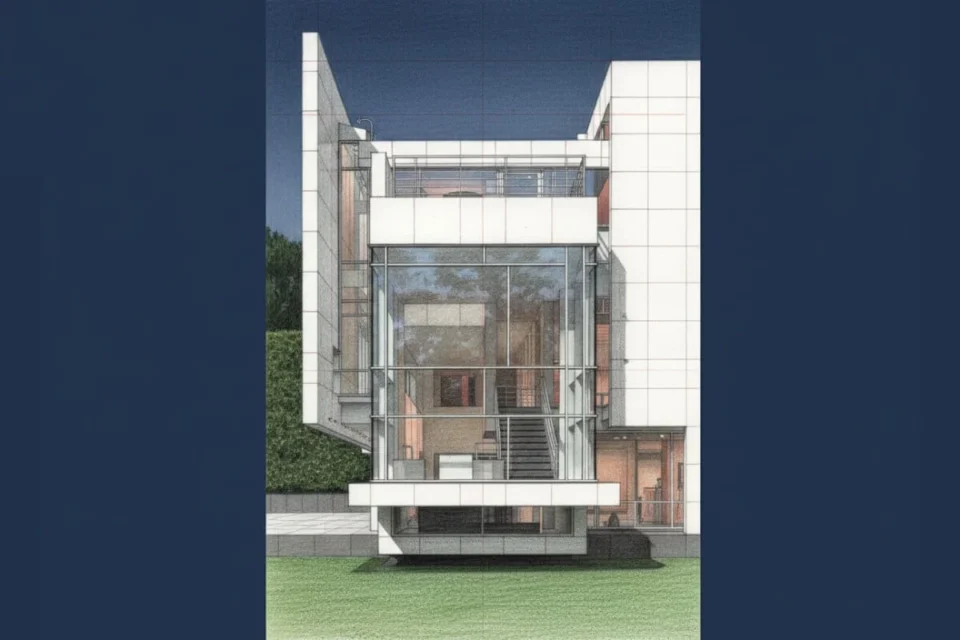 Richard Meier Rachofsky House, descanso escalera principal desde el jardin