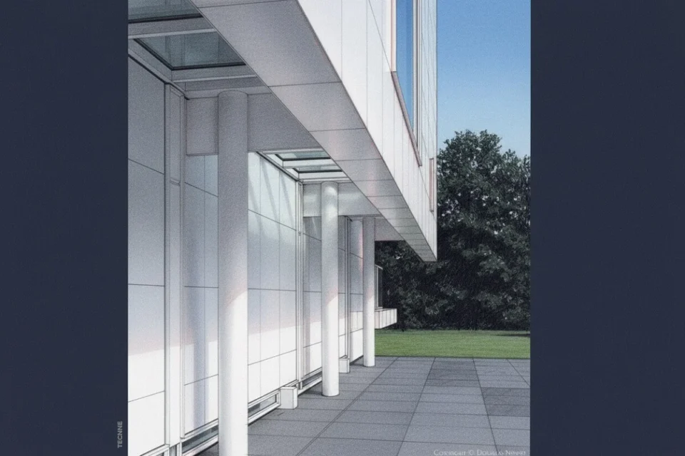 Richard Meier Rachofsky House, detalle pilotis y plano de fachada