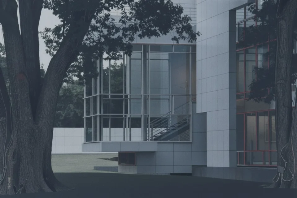 Richard Meier Rachofsky House, detalle volumen saliente escalera principal
