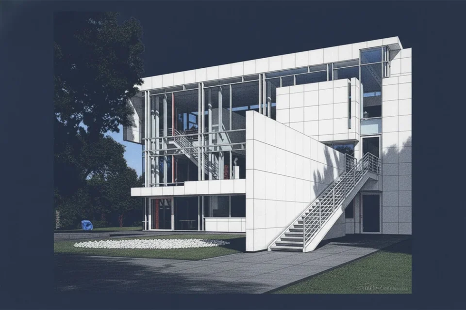 Richard Meier Rachofsky House, escalera fachada posterior
