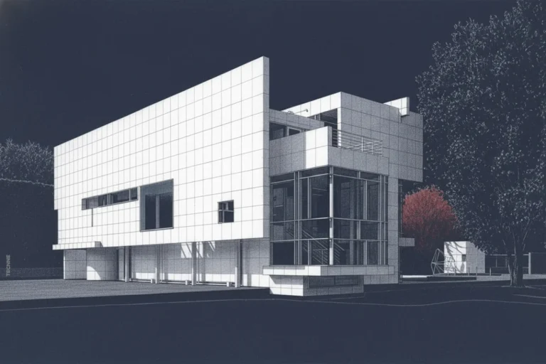 Richard Meier Rachofsky House, vista fachada en escorzo