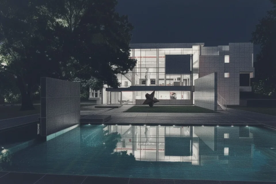 Richard Meier Rachofsky House, vista fachada posterior y espejo de agua