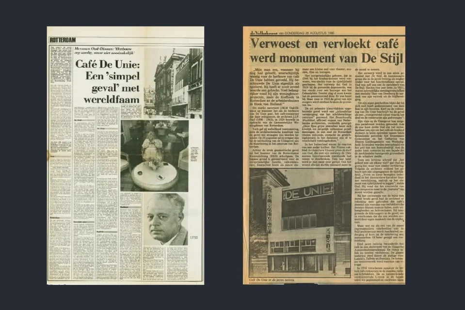 Johannes Oud, Cafe De Unie, recortes periodisticos de la época