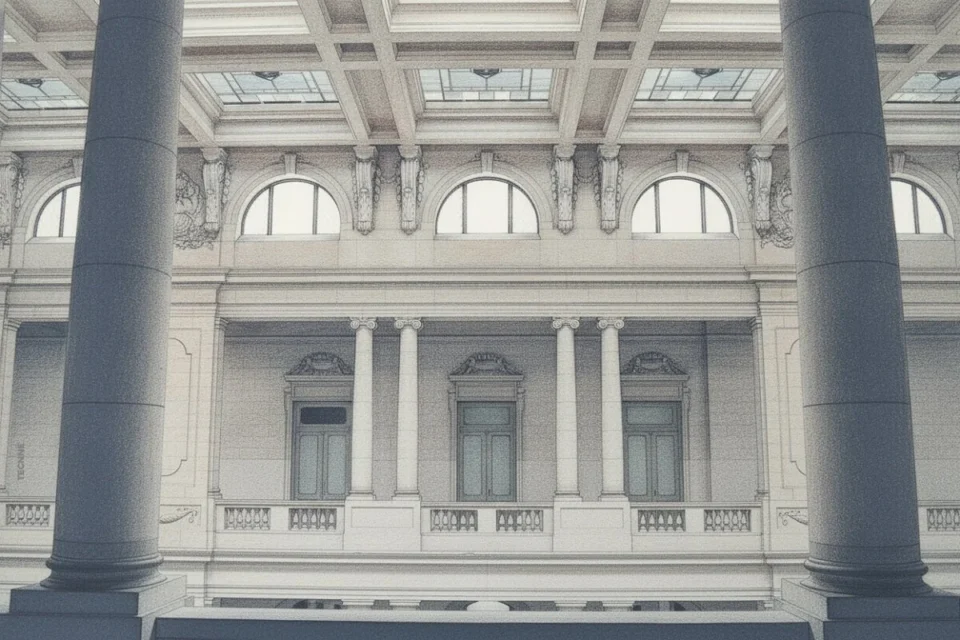 La Plata, Pasaje Dardo Rocha, vista interior detalle galeria superior