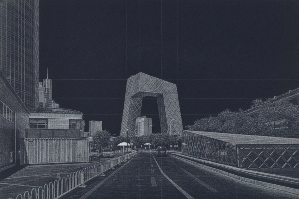 Rem Koolhaas OMA, CCTV Beijing, vista a distancia