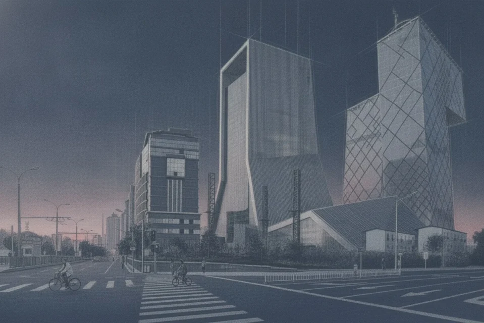 Rem Koolhaas OMA, CCTV Beijing, vista lateral