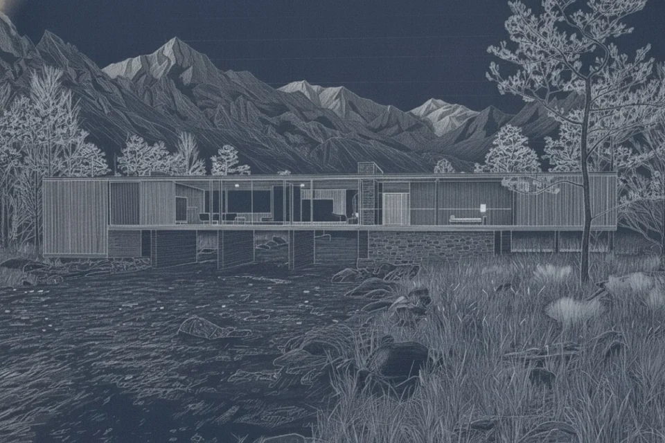B Mies van der Rohe, casa Resor vista desde el arroyo