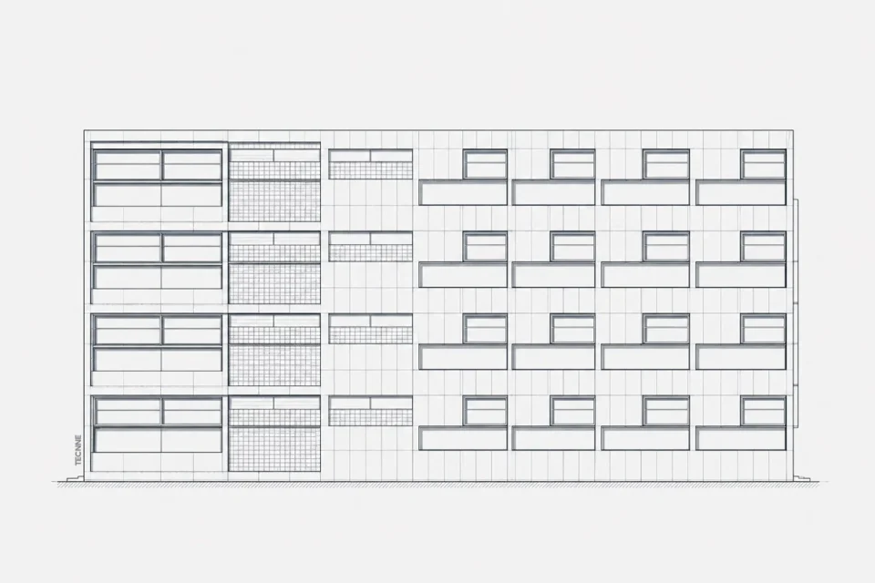 Giuseppe Terragni, Casa del Fascio Como, fachada lateral sudeste