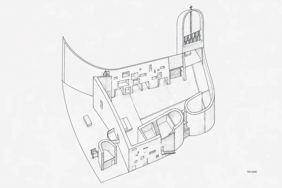 Le Corbusier, Capilla Notre Dame du Haut Ronchamp, axonométrica