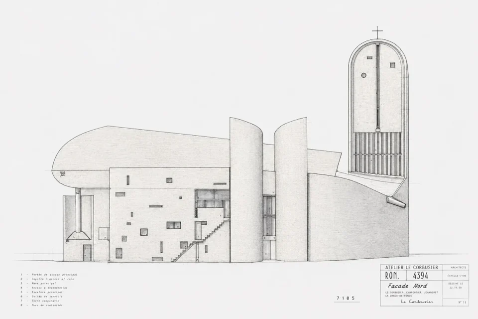 Le Corbusier, Capilla Notre Dame du Haut Ronchamp, fachada norte ©FLC