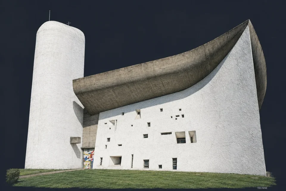Le Corbusier, Capilla Notre Dame du Haut Ronchamp, vista perspectiva